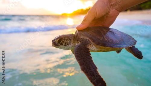 Baby sea turtle held at sunrise