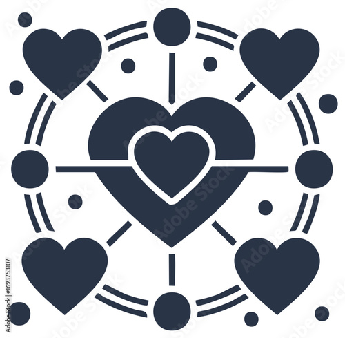 Connected hearts form a network emblem symbolizing love, unity, and community bonds