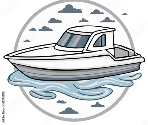 Cartoon Powerboat Floating on Water with Cloudy Sky Graphic