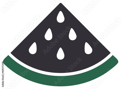 Stylized triangular watermelon slice with dark flesh and green rind and white seeds