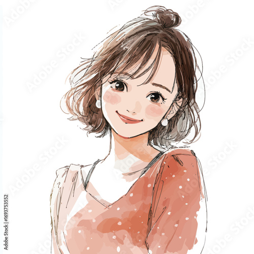 Cheerful young woman with short wavy hair and a bright smile wears a trendy top with a soft color palette. She radiates positive energy and charm.