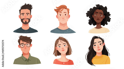 Six individuals with distinct hairstyles and facial expressions are displayed in a friendly arrangement. Their diverse looks represent various backgrounds and styles.