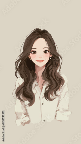 A young woman with long wavy brown hair smiles warmly. She wears a white button-down shirt against a soft beige background, embodying a casual yet elegant style.