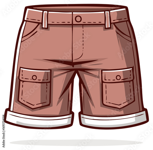Cartoon cargo shorts with multiple pockets and cuffed hems illustrated on a white background