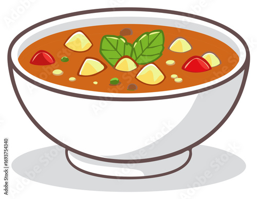 Bowl of Hearty Soup with Vegetables and Herbs, Cartoon Illustration