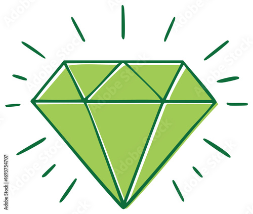 A simple, hand-drawn illustration of a green diamond with radiating lines.