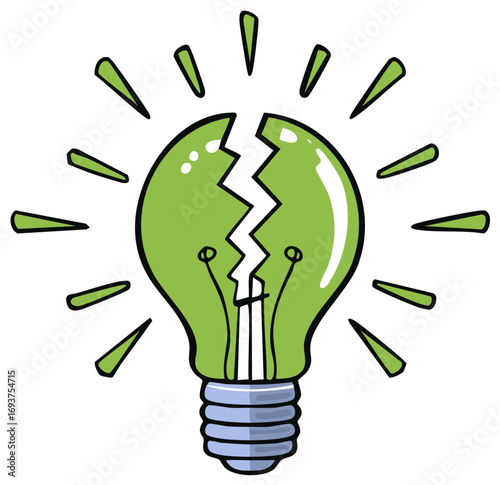 Shining green light bulb broken in half representing a failed eco idea and sustainability crisis