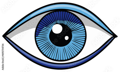 Detailed vector illustration of a vibrant blue human eye with a distinctive iris pattern and large pupil