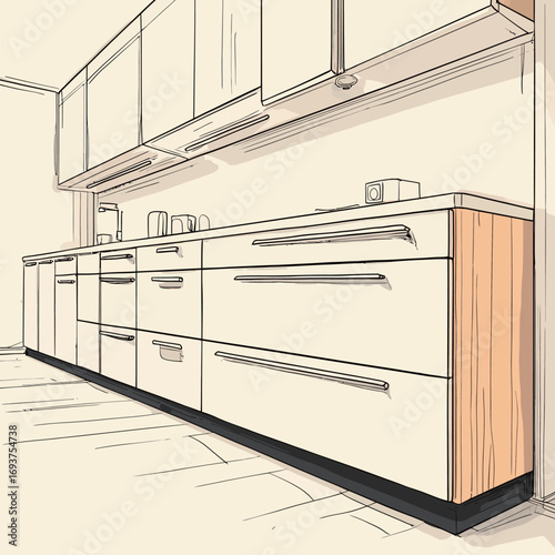 Stylish kitchen showcases streamlined cabinets with a blend of wood and white finishes, emphasizing a clean and minimal aesthetic. Natural light highlights the space.