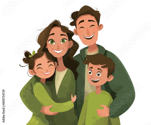 Four family members smile happily while standing together. They wear matching green outfits, creating a warm and joyful atmosphere. Their expressions radiate love and connection.
