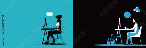Two creative professionals are focused on their digital work at stylish desks in contrasting settings. One is engaged during daylight, while the other works at night.