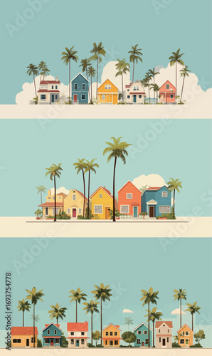 Vibrant houses in various colors stand in a row along a tropical street, adorned with tall palm trees under a clear blue sky during sunset, creating a serene view.