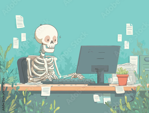A humorous skeleton is seated at an office desk, typing on a computer while surrounded by scattered papers and greenery. The setting is light-hearted and whimsical.