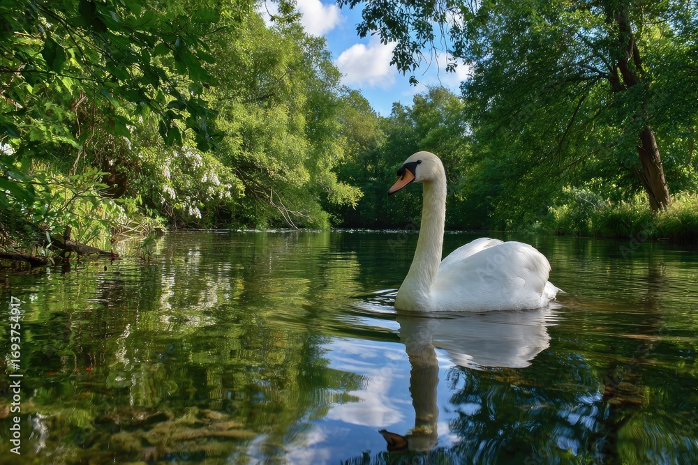 Obraz premium A serene swan glides on a tranquil river