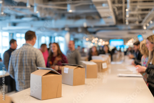 An office lobby filled with donation bins for a clothing drive Employees drop off items throughout the day