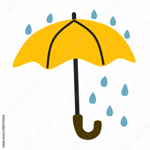 Yellow umbrella with raindrops, representing rainy weather. Suitable for weather forecasts and as a symbol of rain or protection.