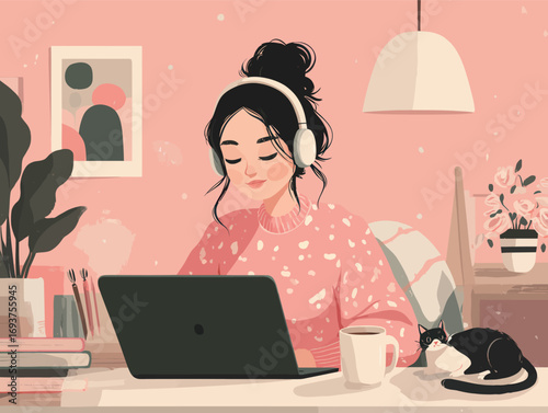 A woman wearing headphones works on her laptop in a pastel-colored room decorated with plants, a cat, and artwork, enjoying a warm drink.