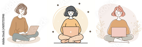 Three women are seated comfortably with laptops, each engaged in productive activities. Their relaxed postures highlight a creative atmosphere and focus on work.