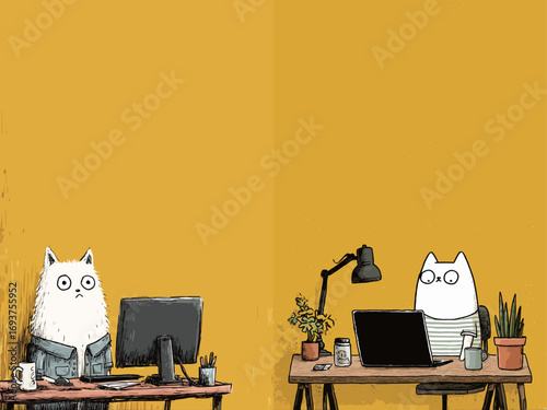 Two cartoon cats sit at wooden desks in a bright yellow office, one on a computer and the other typing on a laptop. Plants add a touch of greenery to the workspace.