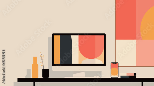 A sleek workspace features a computer displaying abstract designs alongside a smartphone. Decor includes a flower vase and minimalist accents, creating a vibrant atmosphere.