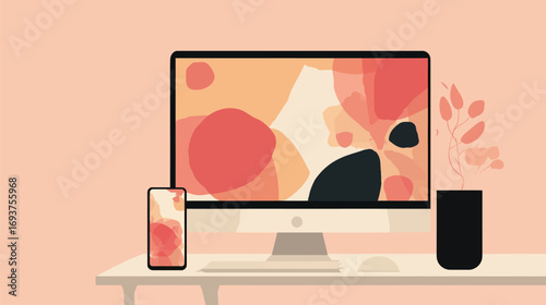 A sleek workspace features a computer displaying abstract designs alongside a smartphone. Decor includes a flower vase and minimalist accents, creating a vibrant atmosphere.