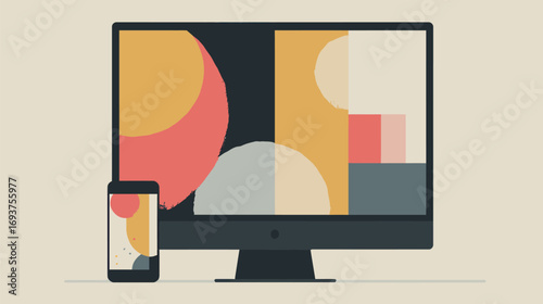 A sleek workspace features a computer displaying abstract designs alongside a smartphone. Decor includes a flower vase and minimalist accents, creating a vibrant atmosphere.