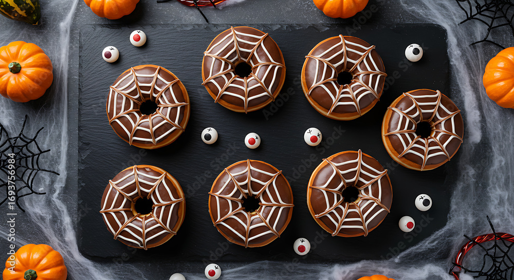 Fototapeta premium Spooky Spiderweb Donuts for Halloween Top View