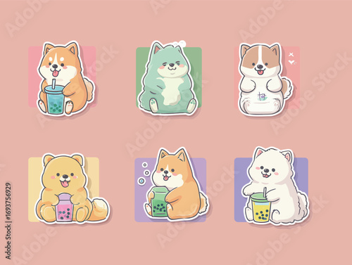 Six adorable cartoon dogs are seen sipping bubble tea, each on its own colorful background, showcasing their playful expressions and joyful demeanor.