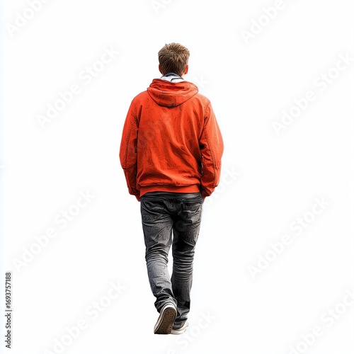 Man in an Orange Jacket Walking Away , white background cut out PNG