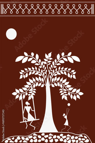 Beautiful Indian Traditional and Cultural Warli art isolated on dark brown background - vector illustration 