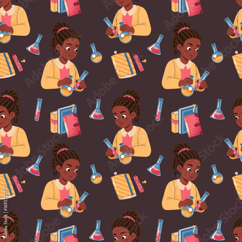 Seamless Pattern with African American Girl Holding Test Tubes, Books. Design for Textile Printing, Wallpaper, Wrapping Paper, Stationery. Ideal for Science Campaigns, School Decor