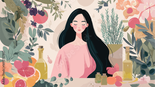 A woman with long black hair enjoys a peaceful moment seated at a table surrounded by colorful fruits and greenery. Soft pastel tones create a calming atmosphere.