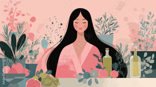 A woman with long black hair enjoys a peaceful moment seated at a table surrounded by colorful fruits and greenery. Soft pastel tones create a calming atmosphere.