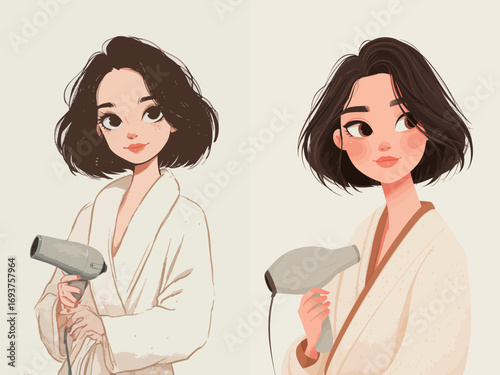 A young woman stands in a simple background, holding a hairdryer with a playful expression. Her short hair frames her face, complementing her cozy robe.