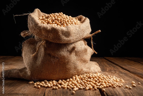 Burlap sack overflowing with soybeans on dark wood