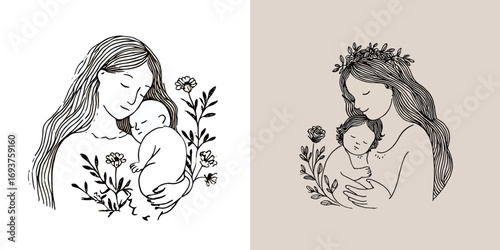 These illustrations capture a nurturing bond between a mother and her baby, surrounded by delicate floral designs. The art style emphasizes simplicity and warmth.