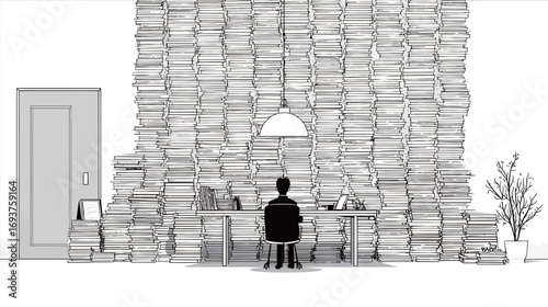 A dedicated individual sits at a desk, facing a towering wall of stacked papers, immersed in intense work within a minimalist office space.