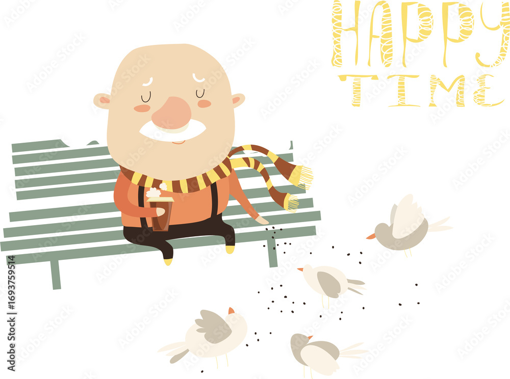 Fototapeta premium Old man feeding pigeons. Vector flat illustration