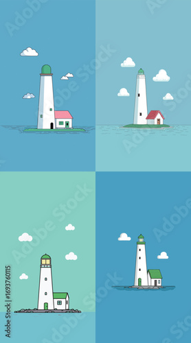 Four unique lighthouse designs are showcased against various blue and green backgrounds. Each structure features distinct colors and styles, creating a playful visual atmosphere.