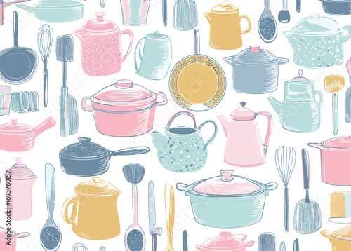 Various kitchen utensils and cookware are arranged in a lively pattern. The colorful collection includes pots, pans, and gadgets, creating a cheerful kitchen atmosphere.