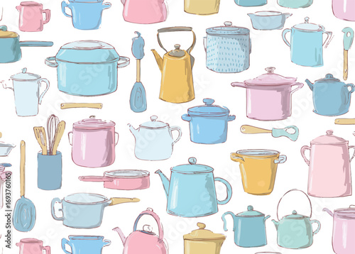 A variety of kitchen pots, pans, and utensils are arranged in a vibrant pattern, showcasing different shapes and colors, perfect for adding charm to any culinary space.