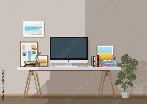 A modern home office displays a sleek computer on a stylish desk surrounded by books, plants, and framed artwork. Natural light enhances the workspace ambiance.