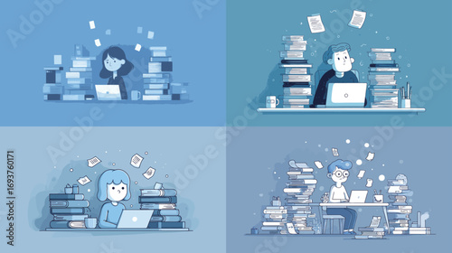 Three individuals are engaged in work at their desks, surrounded by piles of books and scattered papers. Each person exhibits concentration while typing and reading.