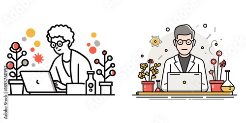 A focused researcher engages with a laptop in a creative workspace filled with plants and lab tools, fostering innovation. It highlights the blend of nature and science.