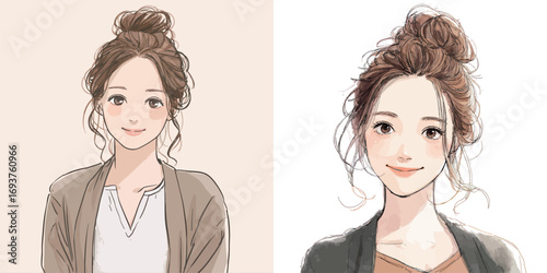 A young woman with a messy bun smiles gently while wearing a casual outfit. The background contrasts in color, enhancing her warm appearance and relaxed demeanor.