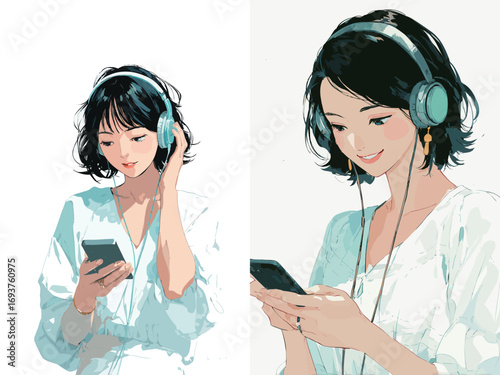 A young woman with short dark hair listens to music on her smartphone while wearing stylish headphones. She appears relaxed and engaged in her activity.