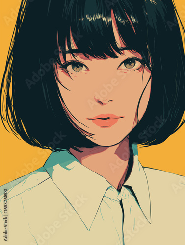 A young woman with straight black hair and a thoughtful expression stands against a bright yellow backdrop, highlighting her simplicity and beauty.