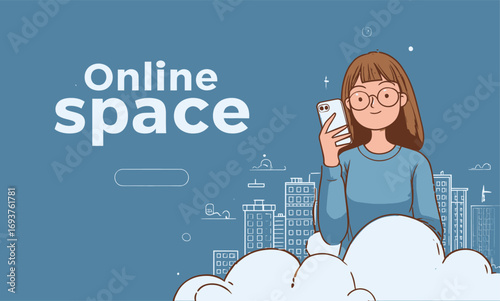 A young woman smiles while holding her smartphone, surrounded by fluffy clouds and a city skyline in the background, representing digital connectivity.