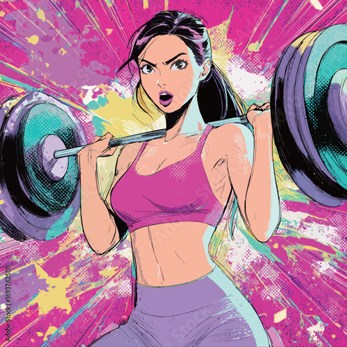 A strong woman with focused determination lifts a heavy barbell, surrounded by bright colors and explosive graphics that highlight her strength and resilience during a workout.