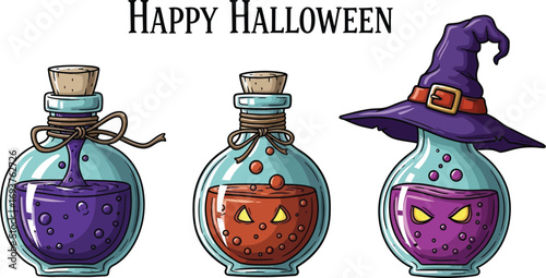 Three halloween potion bottles with witch hat, spooky elixir for holiday celebration and magical decoration